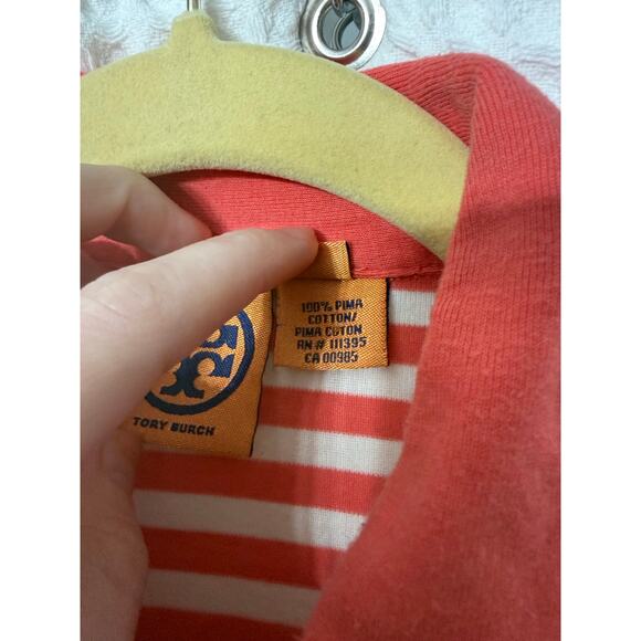 Tory Burch Coral White Polo Striped Collared Shirt Sz M Cotton - Picture 5 of 6